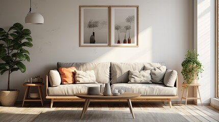 Fototapeta na wymiar Beautiful living room interior featuring a grey Scandinavian sofa, wooden furniture, and pillows.