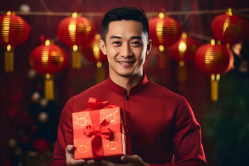 Asian man holding red gift box on blurred festive chinatown street with lights. Present for...