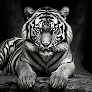 illustration of A black and white photograph of a Tiger
