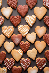 A group of romantic delicious heart-shaped cookies decorated with white and chocolate icing. A close-up flat lay of sweet treats arranged on a table for Valentines day. AI-generated