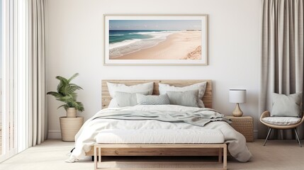 Fototapeta na wymiar coastal boho mockup frame in bedroom.