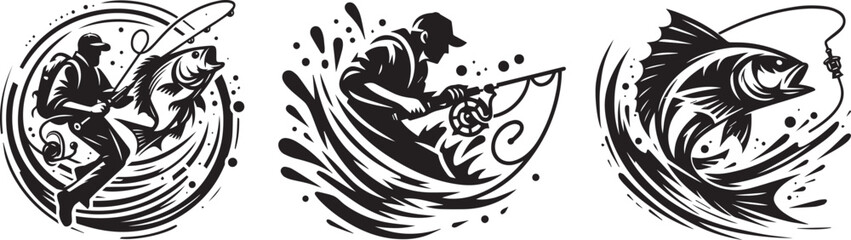 Angler catching fish, dynamic silhouette - obrazy, fototapety, plakaty
