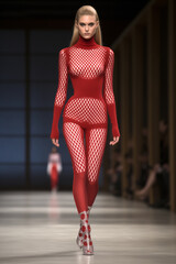 A white supermodel walks in a red tight-fitting jumpsuit on the runway. European female model demonstrates an autumn collection garment at a fashion show. AI-generated