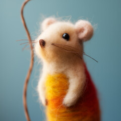 A felted figurine of a little mouse. A cute white mouse toy made of wool. AI-generated