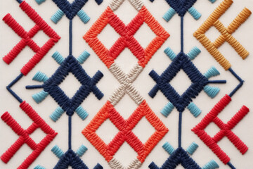 A close-up decorative ethnic embroidery on a white background. Abstract textile shapes of red and blue creating a geometric pattern. AI-generated