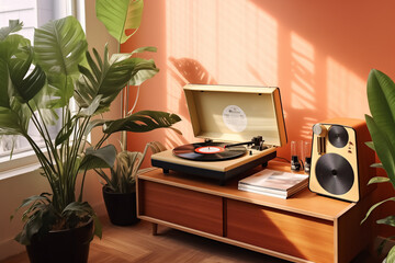 In a sunlit room, a vintage record player sits atop a wooden table, surrounded by lush indoor plants. Sounds of music recorded on a vinyl disk in a retro living room. AI-generated