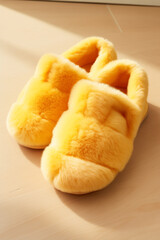 A pair of comfortable furry slippers in the morning. A close-up of yellow shoes made of fur. AI-generated