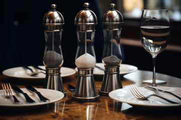 A transparent glass and metal spice shaker set. Elegant and stylish salt and paper shakers in a fine dining restaurant. AI-generated