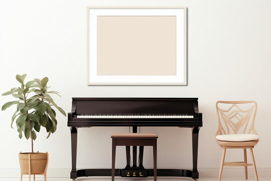 Frame mockup with copy space to place text on top of a black piano. World piano day. Isolated musical instrument concept.