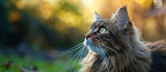 Park portrait of a brown tabby cat with long hair.