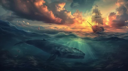 Foto op Plexiglas sunset over the sea with blue whale and sailing ship © Maizal
