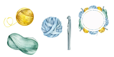 Watercolor knitting illustrations set. Yellow yarn, green and blue needles, hook and round frame clipart for hobby, knit shop, label, packing design