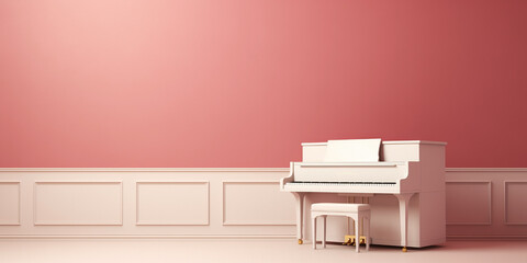 White piano with large copy space for text on a gradient red wall background. World piano day. Isolated musical instrument concept.