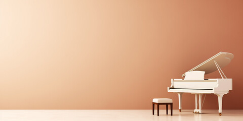 White piano with large copy space for text on a wall with earthy tones. World piano day. Isolated musical instrument concept. - obrazy, fototapety, plakaty