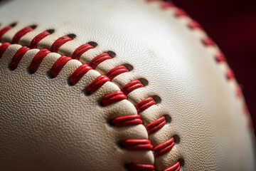 Close up of white leather baseball with red stitching