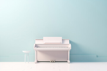 White piano with large copy space for text on a pale blue wall background. World piano day. Isolated musical instrument concept.