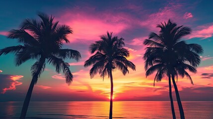 Fototapeta na wymiar A captivating silhouette of palm trees against a tropical beach sunset, evoking the serene beauty of a coastal paradise