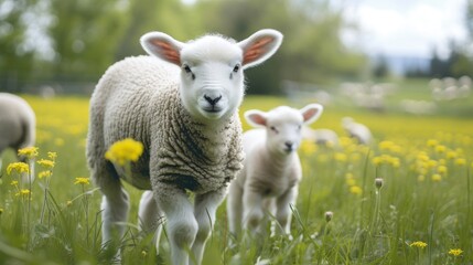 Fototapeta premium charm of sheep and baby lambs feeding in vibrant green meadows, creating a pastoral image of serene rural life and sustainable farming