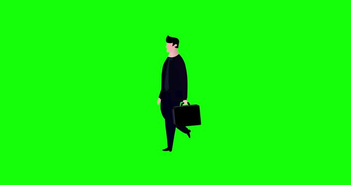 Businessman black suit and case walking loop greenbox. Seamless loop business people animated version. Business cartoon animations serie.