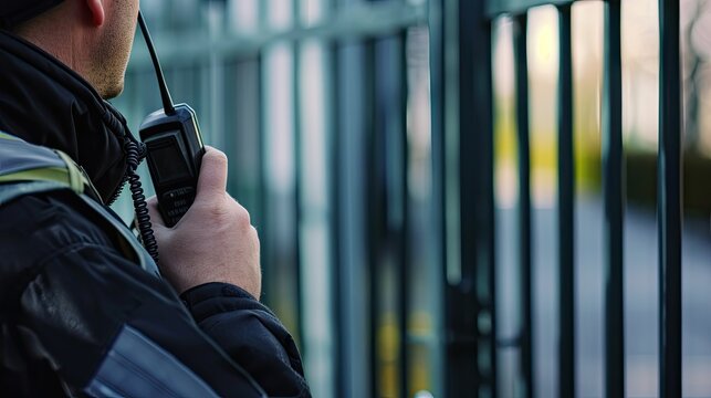 A vigilant security guard close-up with a walkie-talkie at a new gate, symbolizing enhanced safety and access control services - Powered by Adobe