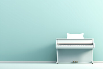 White piano with large copy space for text on a pale blue wall background. World piano day. Isolated musical instrument concept.