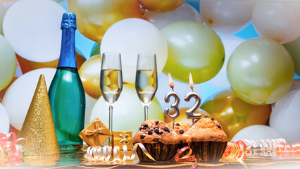 Happy birthday champagne background with number of candles  32. Beautiful congratulations copy...