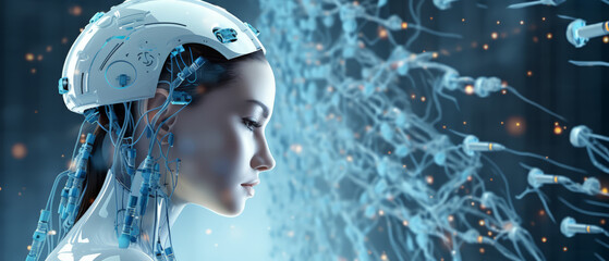 Robot cyborg woman with wires sticking out in flow of digital information. A humanoid with artificial intelligence. Automaton machine and  AI processes data.