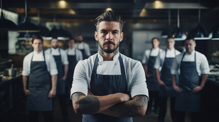 Obraz premium Young Chef standing arms crossed with his team in the kitchen