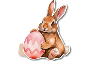 Easter bunny hold pink Paschal egg sticker - obrazy, fototapety, plakaty