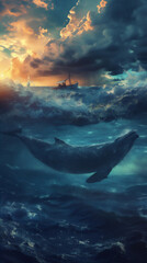 sunset over the sea with blue whale and fisherman