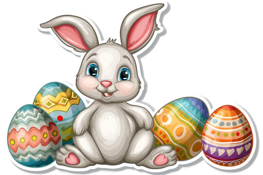 White bunny sitting among Paschal eggs sticker, white background. Easter concept