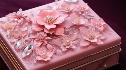 Blooming Whispers: A Charming Pink Box Adorned With Pink Blossoms. Generative AI.
