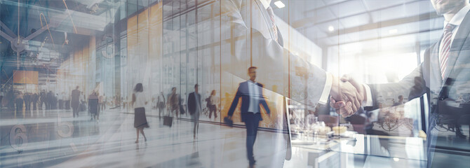 Double exposure of success businessman with city building background. time for business. - obrazy, fototapety, plakaty