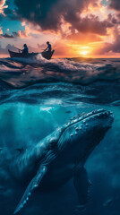 sunset over the sea with blue whale and fisherman