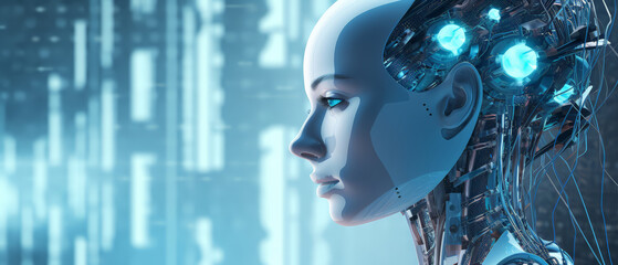 Robot cyborg woman with a wires sticking out in flow of digital information. humanoid with artificial intelligence. Automaton machine and  AI processes data.