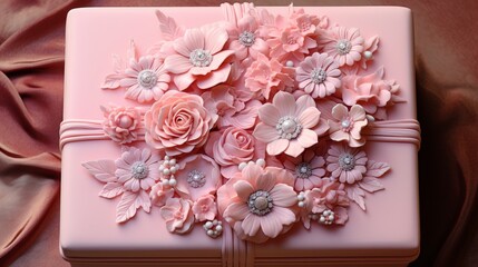 Enchanted Blooms: A Delicate Pink Box Adorned With Exquisite Flowers and Pearls. Generative AI.