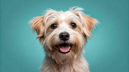 Happy smiling pet dog looking at the camera isolated with blue background, dog sticking out tongue on flat background

