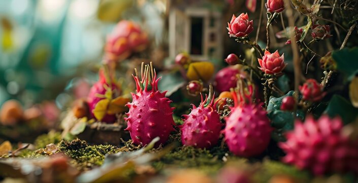 closeup photography Dragon Fruit fruit, with its exotic appearance and vibrant pink hues, arranged in a whimsical garden scene