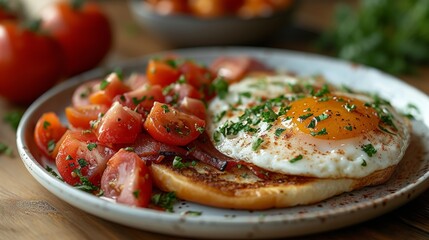 Harvest Breakfast: A Gastronomic Symphony of Sunlit Eggs, Tangy Tomatoes, and Crispy Toast. Generative AI.