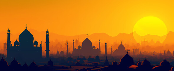 Silhouette silhouette of the muslim mosque and sunset