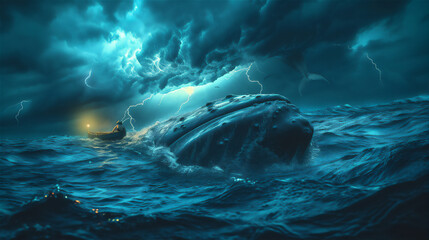 Fototapeta premium midnight over the sea with blue whale and fisherman