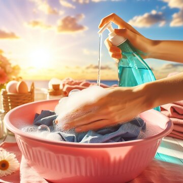 Female Hand washing clothes in the pink basin with clear Bubble soap against blue sky and sunlight