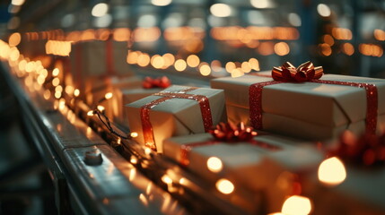 gift box packages, moving along a conveyor belt in a warehouse