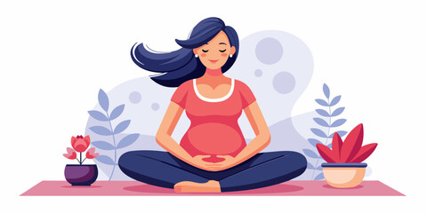 Happy and healthy pregnancy concept. Pregnant woman doing yoga exercises for health and relaxation. Illustration vector isolated on white - 730941679