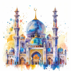 Watercolor Beautiful Painted Islamic Mosque on white background