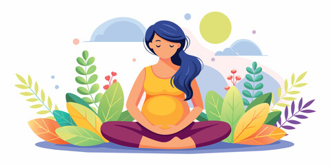 Happy and healthy pregnancy concept. Pregnant woman doing yoga exercises for health and relaxation. Illustration vector isolated on white - 730941893