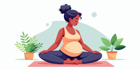 Happy and healthy pregnancy concept. Pregnant woman doing yoga exercises for health and relaxation. Illustration vector isolated on white - 730942018