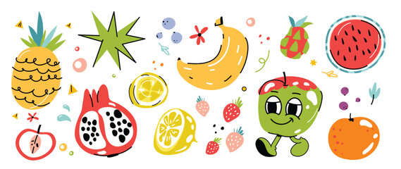 Set of fresh fruit groovy element vector. Funky fruits character design of pineapple, banana, apple, pomegranate. Summer juicy illustration for branding, sticker, fabric, clipart, ads.
