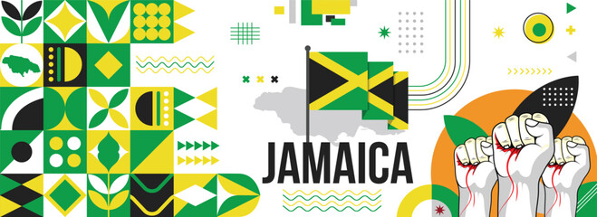 Jamaica national or independence day banner for country celebration. Flag and map of Jamaicans with raised fists. Modern retro design with typorgaphy abstract geometric icons. Vector illustration	