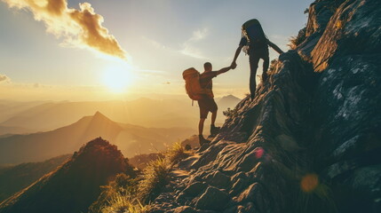 Hiker helping friend reach the mountain, Holding hands and walking up the mountain - obrazy, fototapety, plakaty